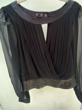 Y2K Black Chiffon & Faux Leather Moto Blouse Size Large